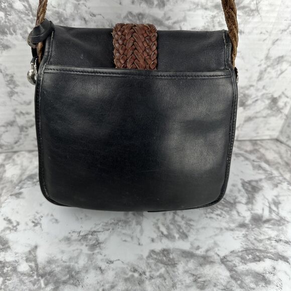 Vintage Brighton Black Leather Crossbody Bag Purse Brown Leather Braided Strap - Picture 4 of 10